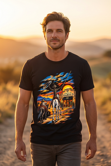 A man wearing a black graphic t-shirt with a western-themed print of a cowboy on a horse in front of a saloon, standing on a dirt road during sunset.