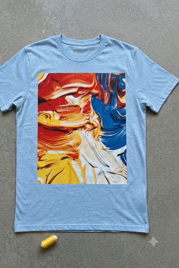 A light blue crewneck t-shirt laid flat on a gray concrete surface, featuring a large square graphic print of an abstract fluid art painting with swirls of red, orange, yellow, white, and blue. 