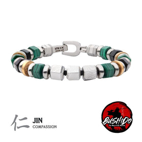 Men's stainless steel bead bracelet with clasp; green, black and gold-tone beads