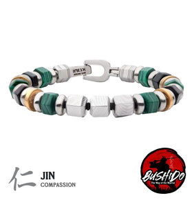 stainless steel compassion bracelet with malachite and onyx beads