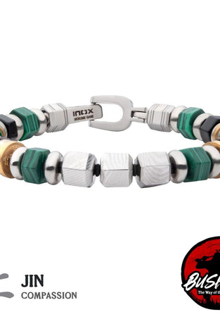 stainless steel compassion bracelet with malachite and onyx beads
