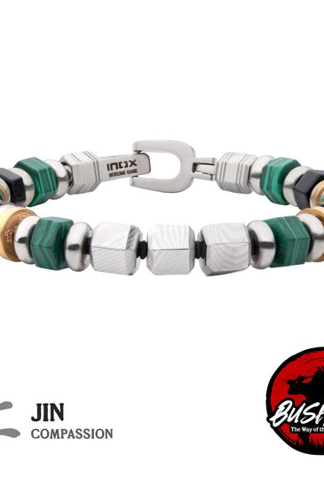 stainless steel compassion bracelet with malachite and onyx beads