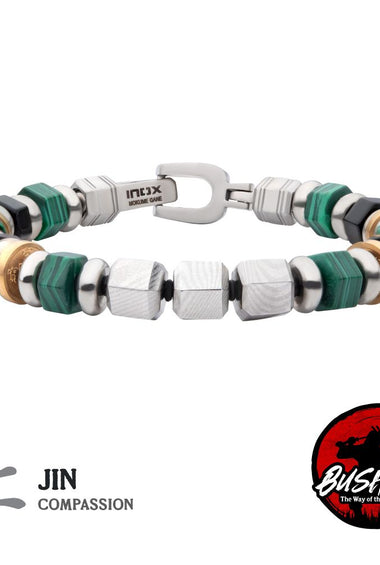 Men's stainless steel bead bracelet with clasp; green, black and gold-tone beads