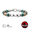 Men's stainless steel bead bracelet with clasp; green, black and gold-tone beads