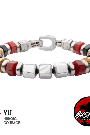 Stainless steel beaded bracelet with red, black, white, and gold bead accents