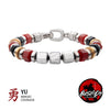 Stainless steel beaded bracelet with red, black, white, and gold bead accents