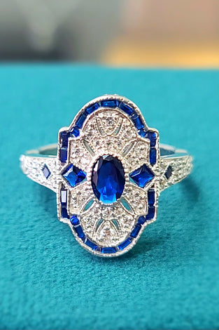 stunning deco ring with blue and white CZ stones and sterling silver
