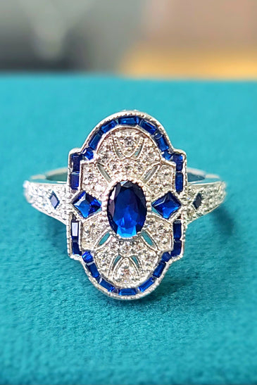 stunning deco ring with blue and white CZ stones and sterling silver
