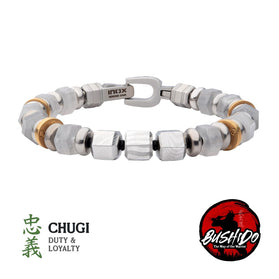 Stainless steel beaded bracelet with gold-tone accents and hinged clasp