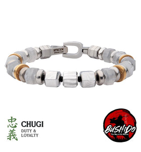 stainless steel duty and loyalty bracelet with white quartz beads
