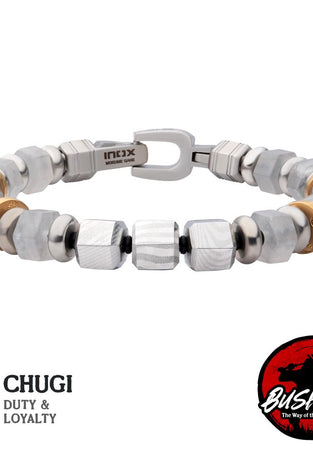 stainless steel duty and loyalty bracelet with white quartz beads