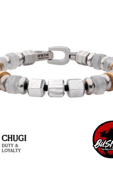 Stainless steel beaded bracelet with gold-tone accents and hinged clasp