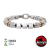 Stainless steel beaded bracelet with gold-tone accents and hinged clasp