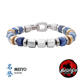 Men's stainless steel bead bracelet with toggle clasp, blue-and-white beads, silver cubes.