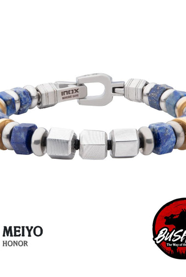 Men's stainless steel bead bracelet with toggle clasp, blue-and-white beads, silver cubes.