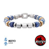 Men's stainless steel bead bracelet with toggle clasp, blue-and-white beads, silver cubes.