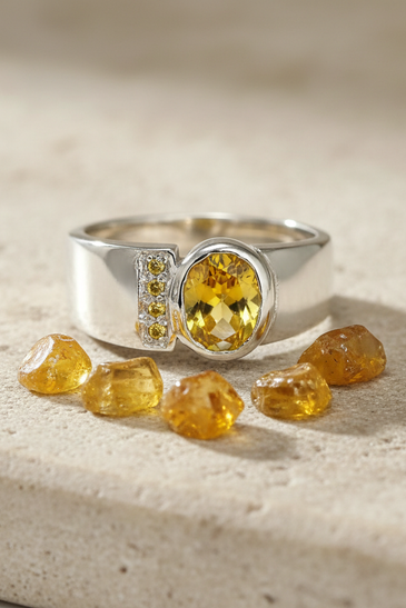 Sterling silver yellow citrine bezel ring resting on a small group of loose golden citrine gemstones