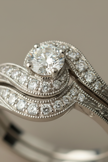 Macro close-up of the center diamond, white-gold prongs, curved halo, and milgrain detail on the vintage-style wedding set