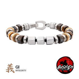 Stainless steel bead bracelet for men with clasp, dark beads and gold accents