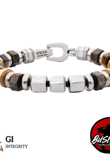 Stainless steel bead bracelet for men with clasp, dark beads and gold accents
