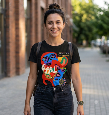 A woman smiling on an outdoor brick walkway, wearing a black graphic t-shirt with a colorful abstract face design.