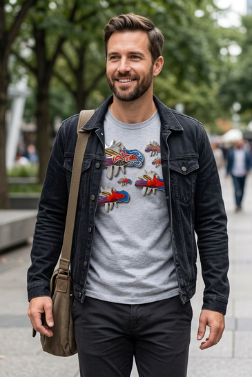 A man walking outdoors on a city street wearing a light gray crewneck t-shirt with colorful depicted abstract birds