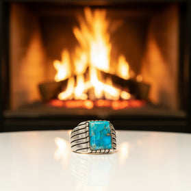 Sterling silver turquoise square-stone men's ring with ribbed bezel sides
