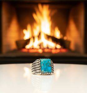 Sterling silver turquoise square-stone men's ring with ribbed bezel sides
