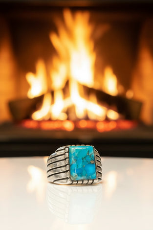 Sterling silver turquoise square-stone men's ring with ribbed bezel sides