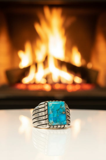 Sterling silver turquoise square-stone men's ring with ribbed bezel sides