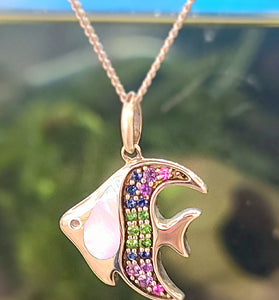 mother of pearl and multi color sapphires create a stunning angelfish pendent