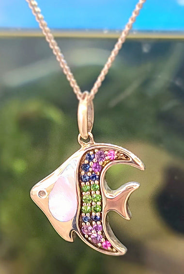 Sterling silver angelfish pendant with mother-of-pearl and colorful gemstone inlay