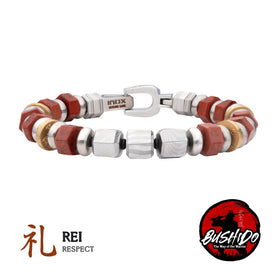 Men's stainless steel beaded bracelet with red leather cords, gold accents, and cube links