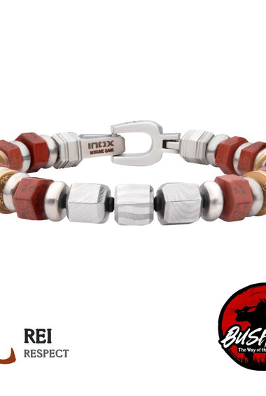 Men's stainless steel beaded bracelet with red leather cords, gold accents, and cube links