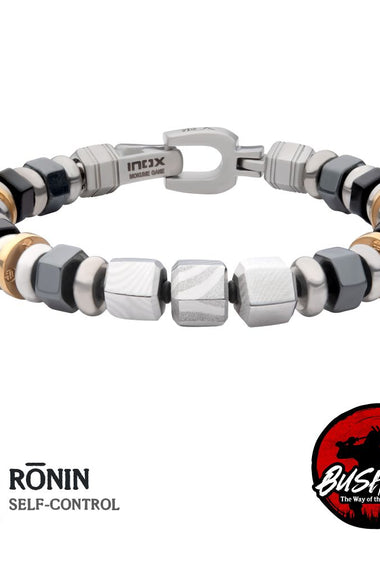 Men's stainless steel beaded bracelet with black cubes and gold-tone accents