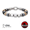 Men's stainless steel beaded bracelet with black cubes and gold-tone accents