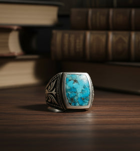 Sterling silver men’s ring with square turquoise inlay and etched band