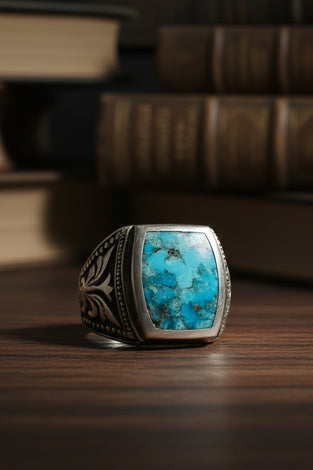 Sterling silver men’s ring with square turquoise inlay and etched band