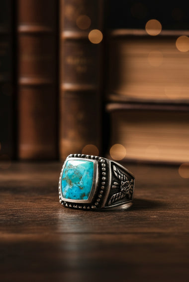 Turquoise-set sterling silver men’s ring, square bezel with patterned shank