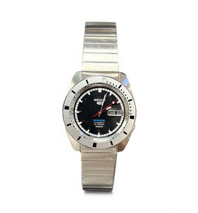 Stainless steel wristwatch with dark dial, red accents, and metal bracelet.