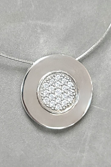 Sterling silver CZ disc necklace pendant with round pavé crystal design