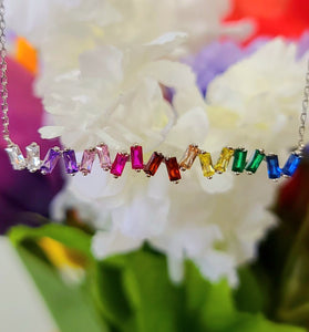 Silver chain necklace with rainbow CZ gemstone bar pendant