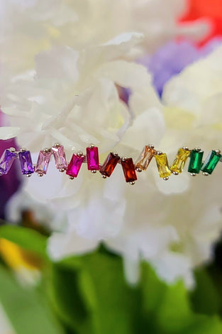 Silver chain necklace with rainbow CZ gemstone bar pendant