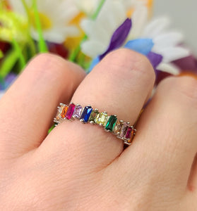 Sterling silver rainbow CZ ring with multicolor rectangular stones