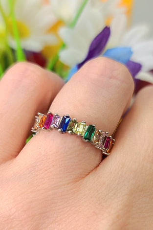 Sterling silver rainbow CZ ring with multicolor rectangular stones