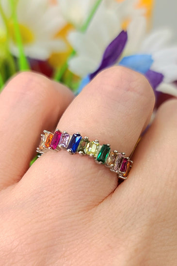 Sterling silver rainbow CZ ring with multicolor rectangular stones