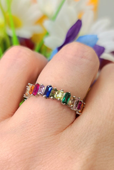 Sterling silver rainbow CZ ring with multicolor rectangular stones