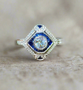 sterling silver art deco ring with blue and white cz stones