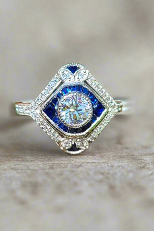 sterling silver art deco ring with blue and white cz stones