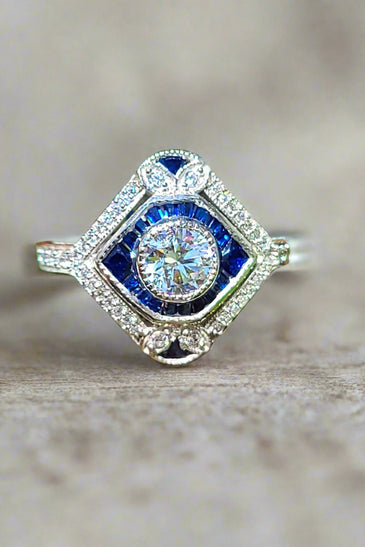 sterling silver art deco ring with blue and white cz stones